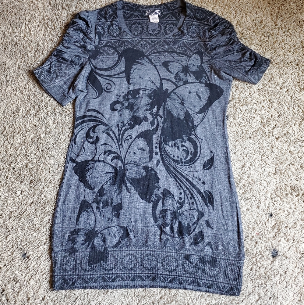 Gray sweater with black butterfly pattern
